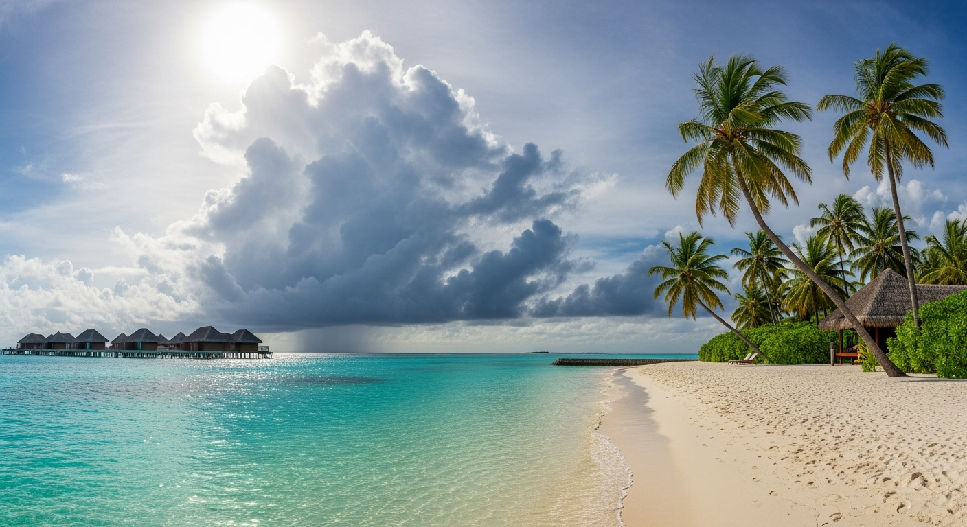 Malediven Wetter und Klima - Tropischer Strand mit Sonne und Wolken