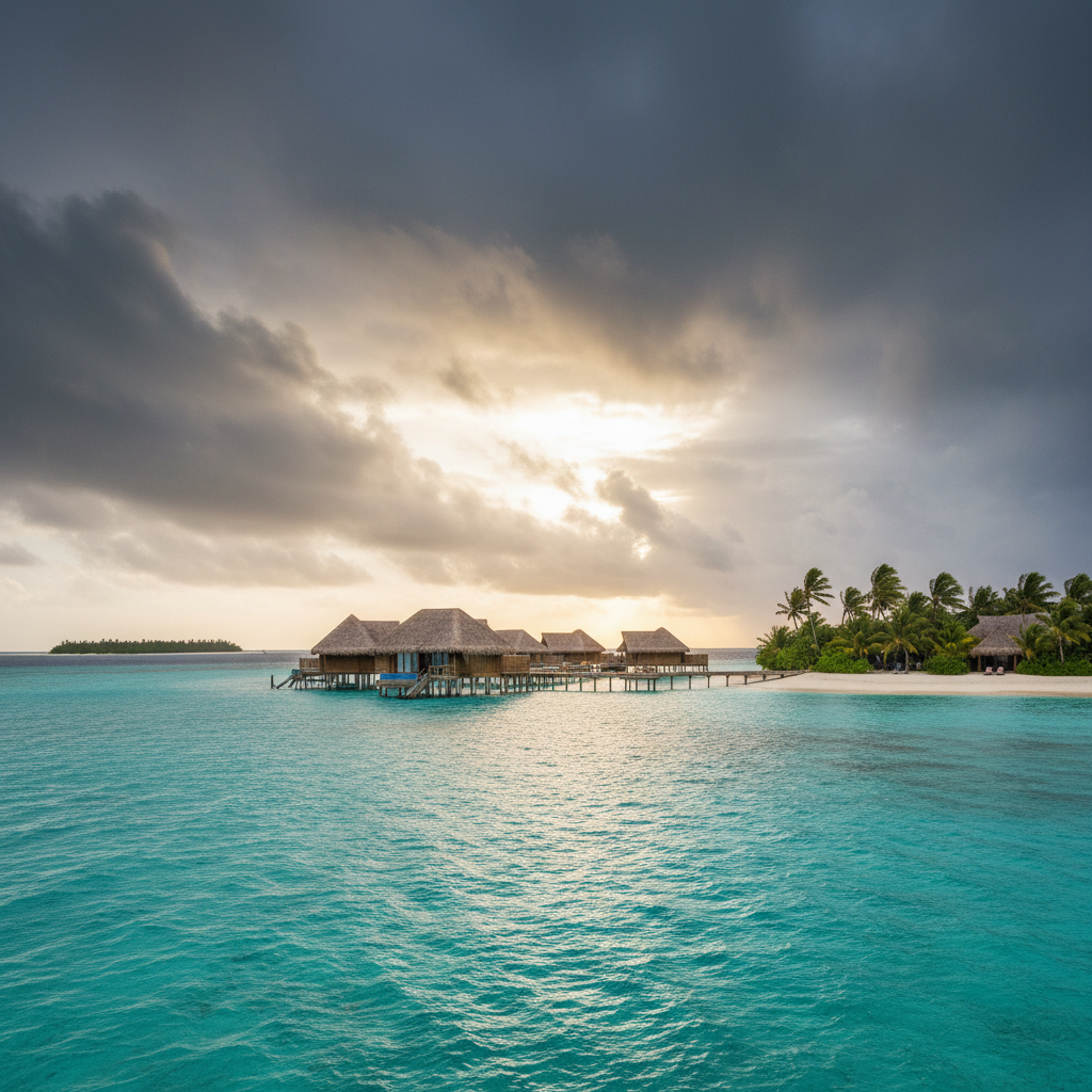Malediven Overwater Villa mit dramatischem Monsun-Himmel in der Regenzeit