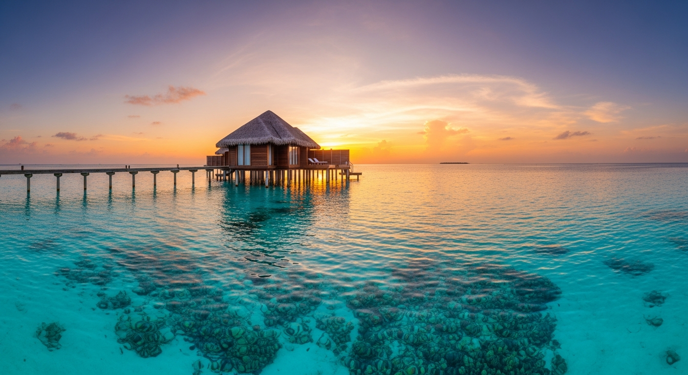 Malediven Kosten 2026 - Overwater Bungalow bei Sonnenuntergang