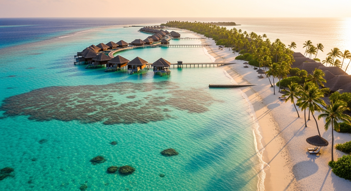 Malediven Strand mit Overwater Bungalows und tuerkisem Wasser